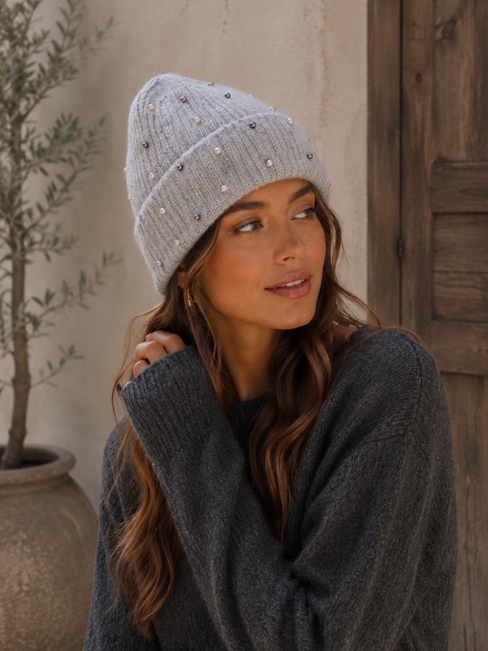 Gray Knit Beanie with Pearls